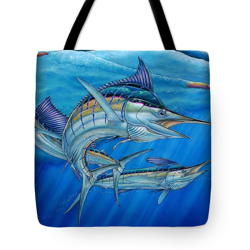 Blue Mrlin Tote Bag featuring the painting Grand Slam And Lure. by Terry Fox