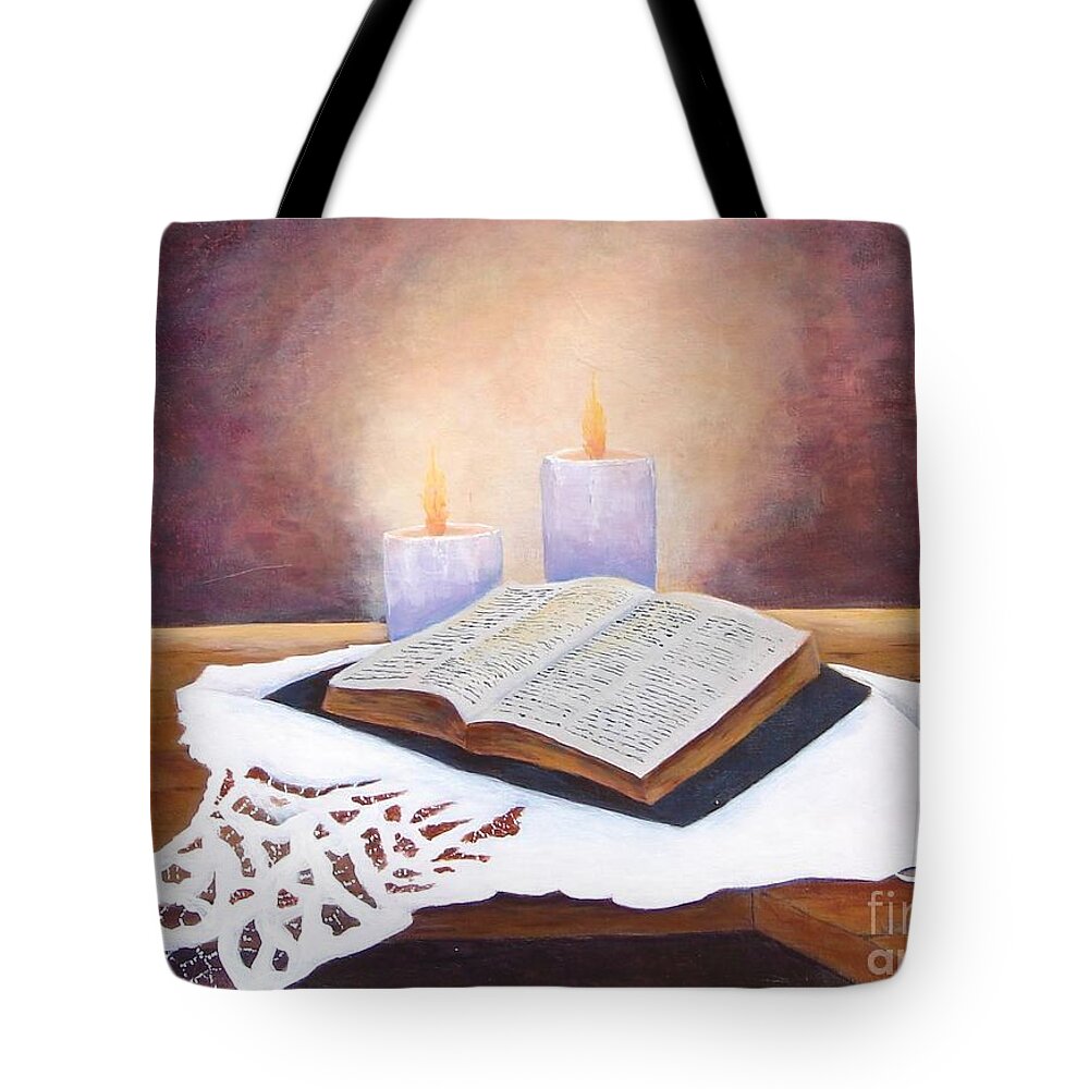 Still Life Tote Bag featuring the painting Grandma's Bible by Jerry Walker