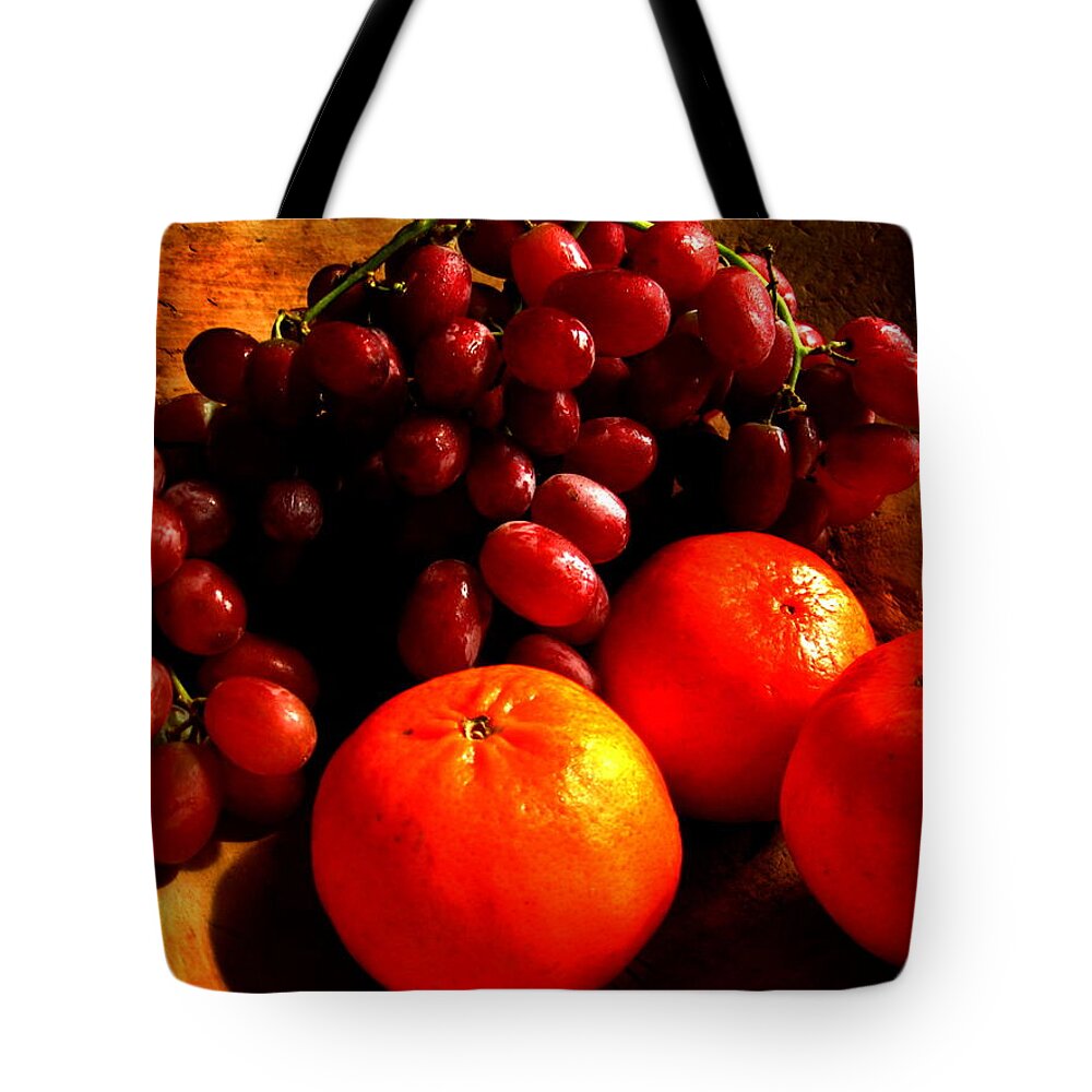 Rembrandt Tote Bag featuring the photograph Grapes and Tangerines by Greg Allore