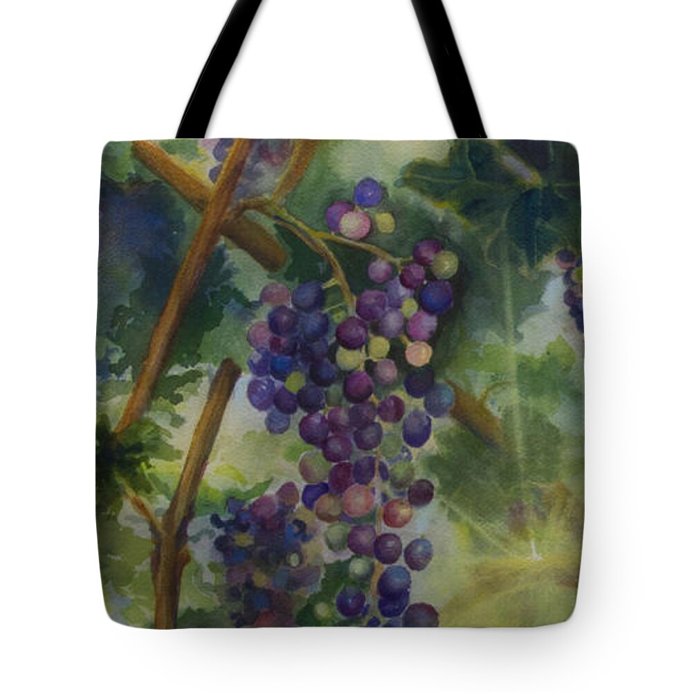 Vineyard Tote Bag featuring the painting Baby Cabernets II  triptych by Maria Hunt