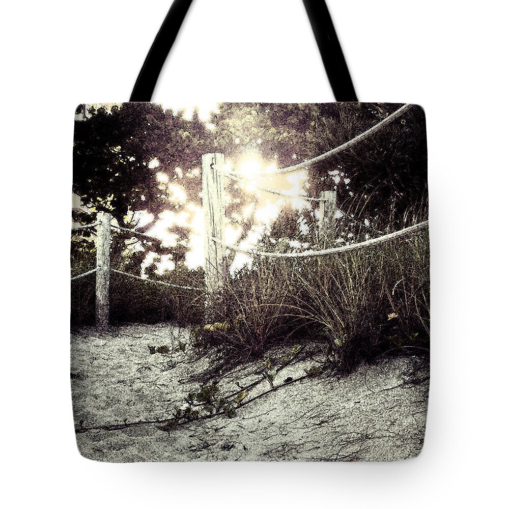 Deerfield Beach Tote Bag featuring the photograph Grassy Beach Post Entrance at Sunset 2 by Janis Lee Colon
