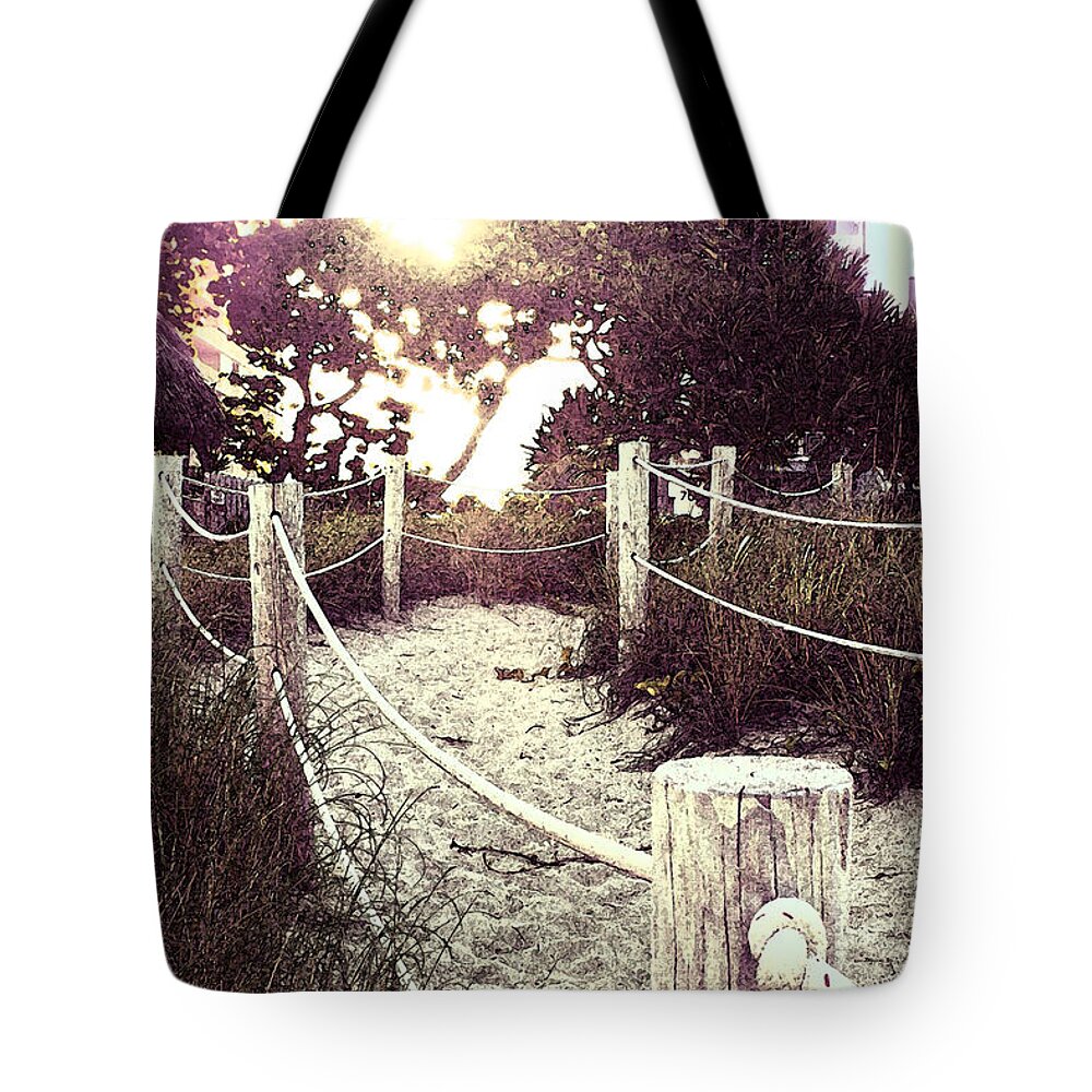 Deerfield Beach Tote Bag featuring the photograph Grassy Beach Post Entrance at Sunset by Janis Lee Colon