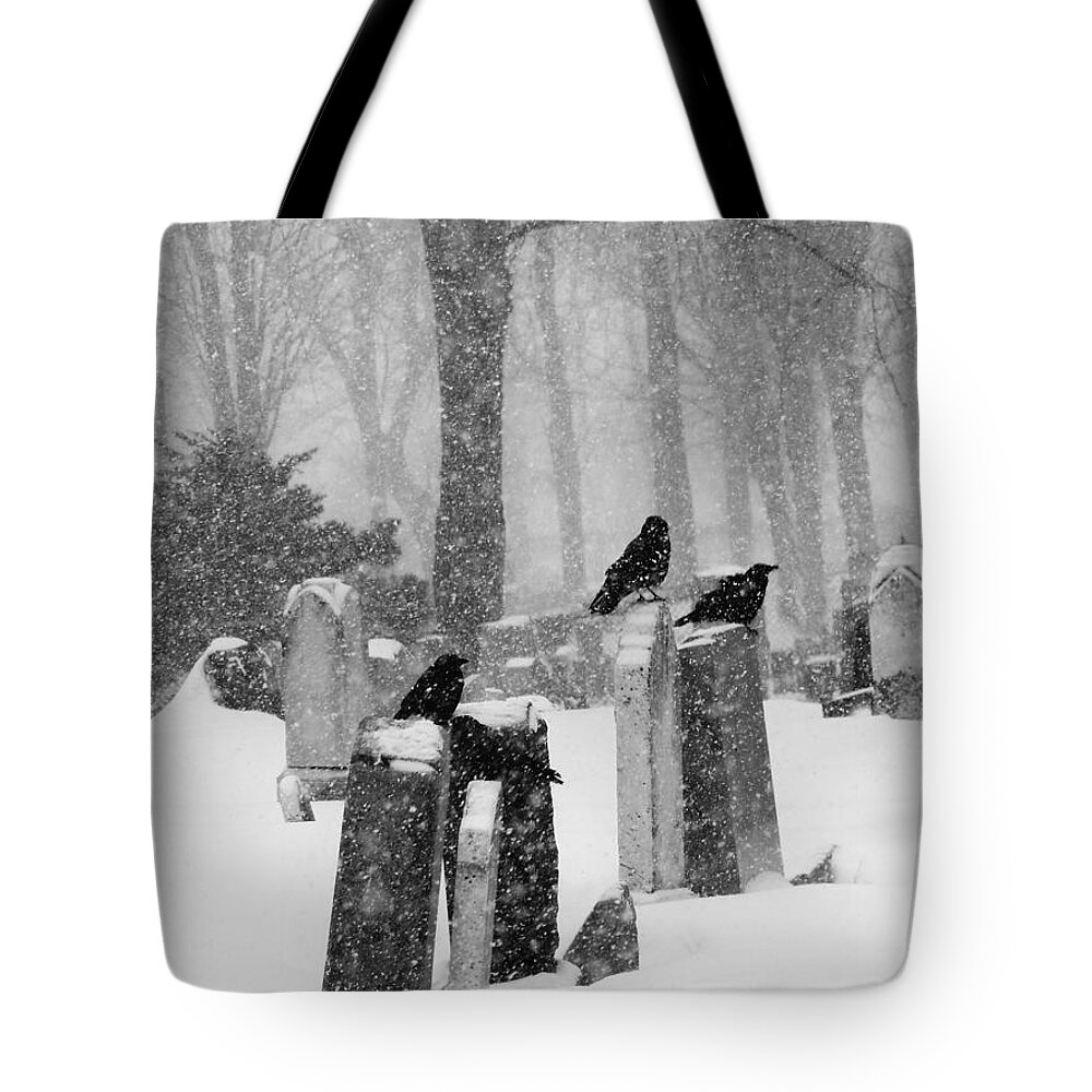 Monochrome Winter Tote Bag featuring the photograph Hardy Winter Crows by Gothicrow Images