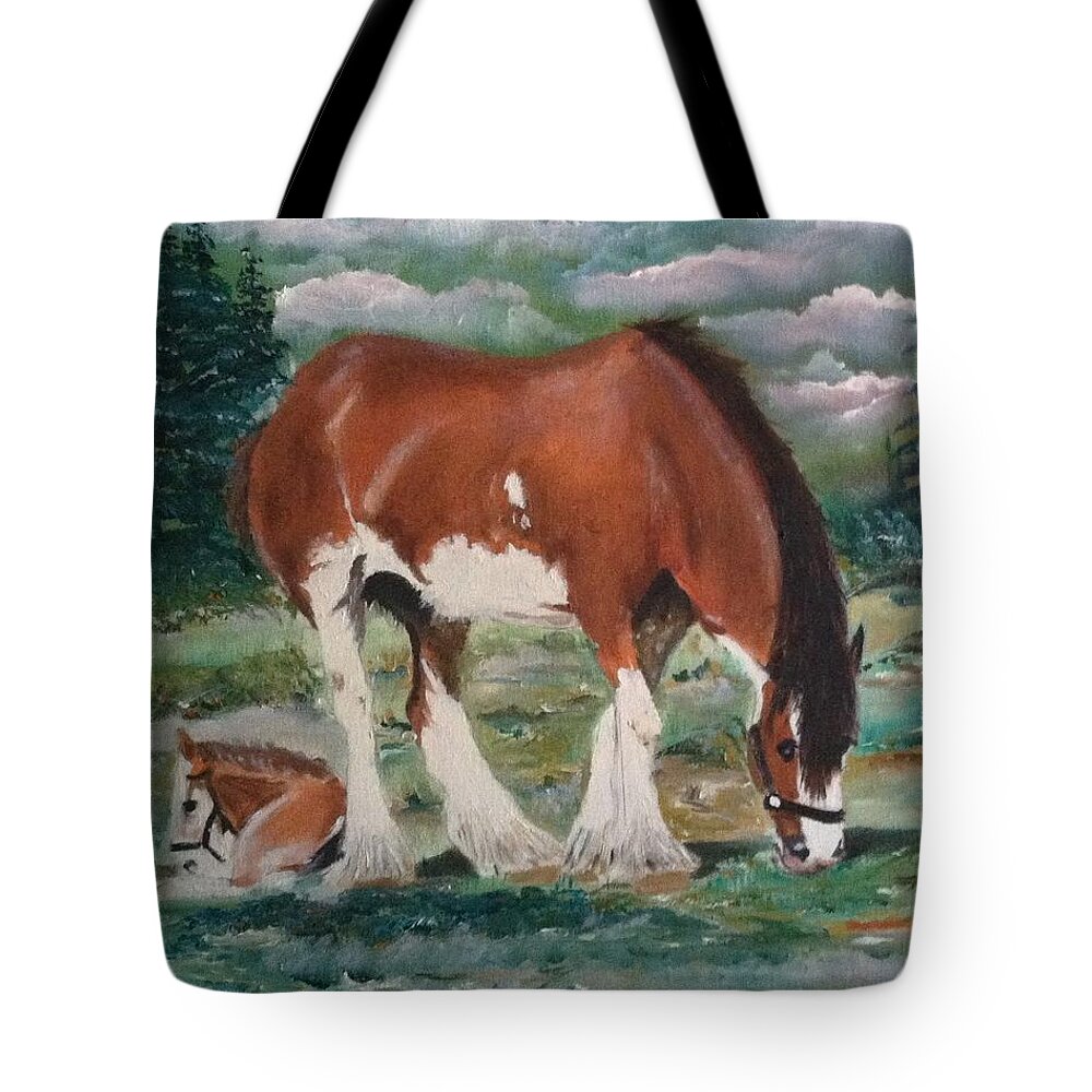 Art Tote Bag featuring the painting Grazing Horses by Ryszard Ludynia