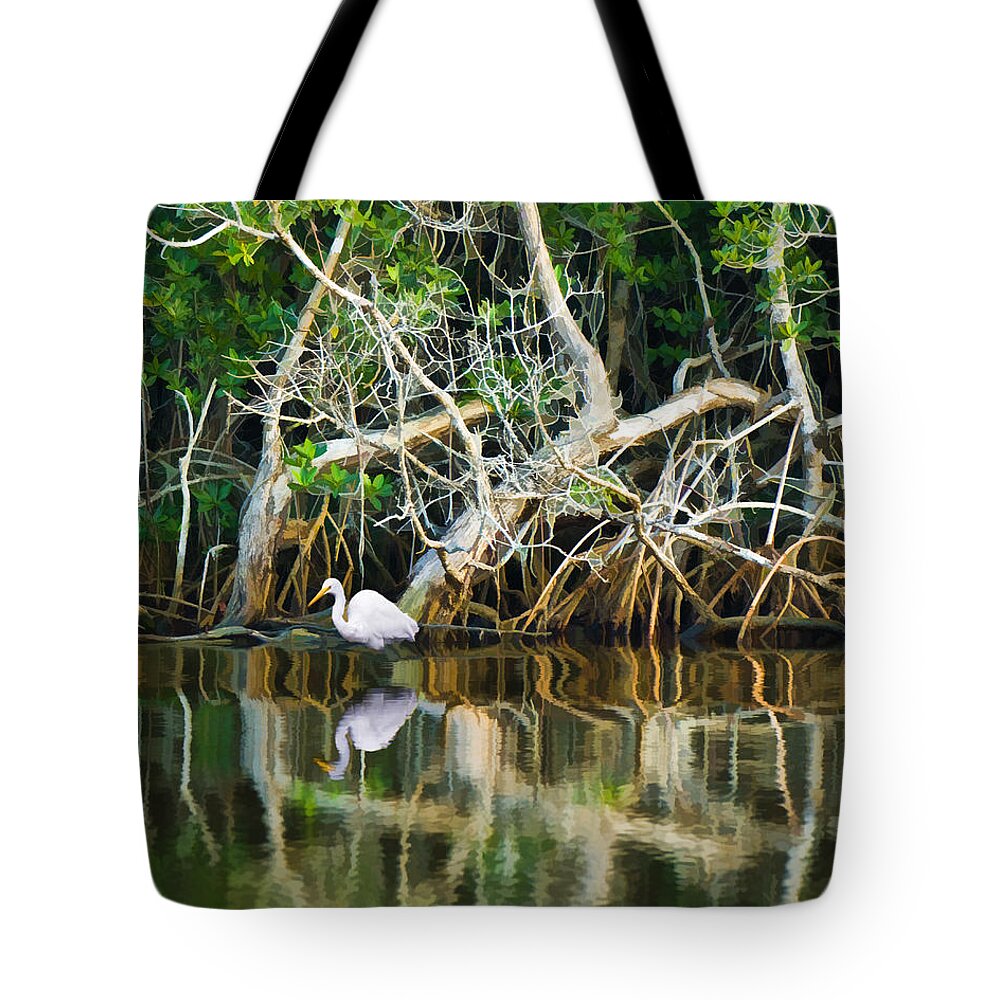 White Egret Bird Tote Bag featuring the photograph Great White Egret and Reflection in Swamp Mangroves by Ginger Wakem