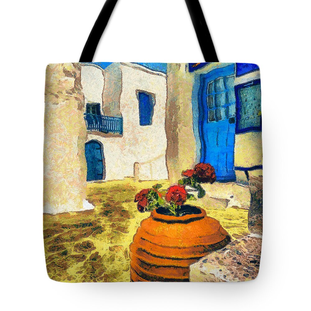Rossidis Tote Bag featuring the painting Greek corner 3 by George Rossidis