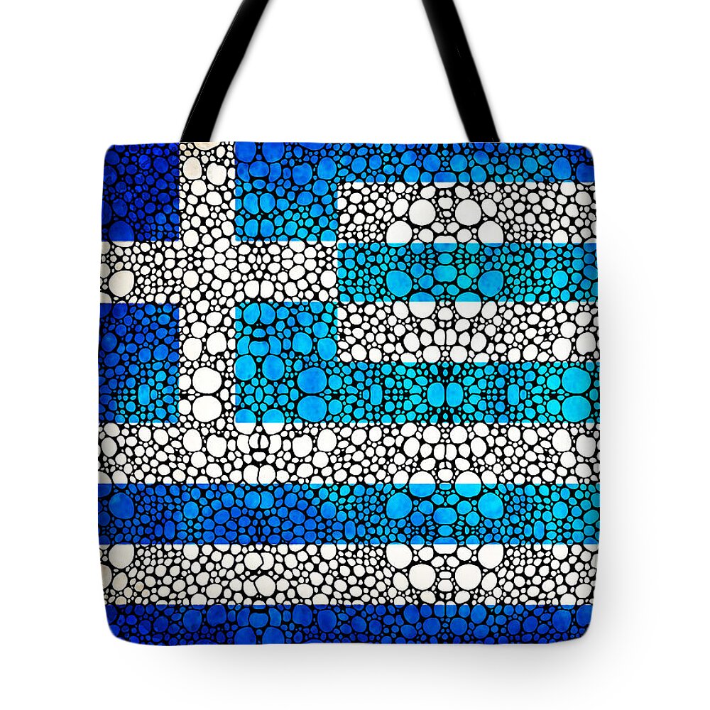 Greek Flag Tote Bag featuring the painting Greek Flag - Greece Stone Rock'd Art By Sharon Cummings by Sharon Cummings