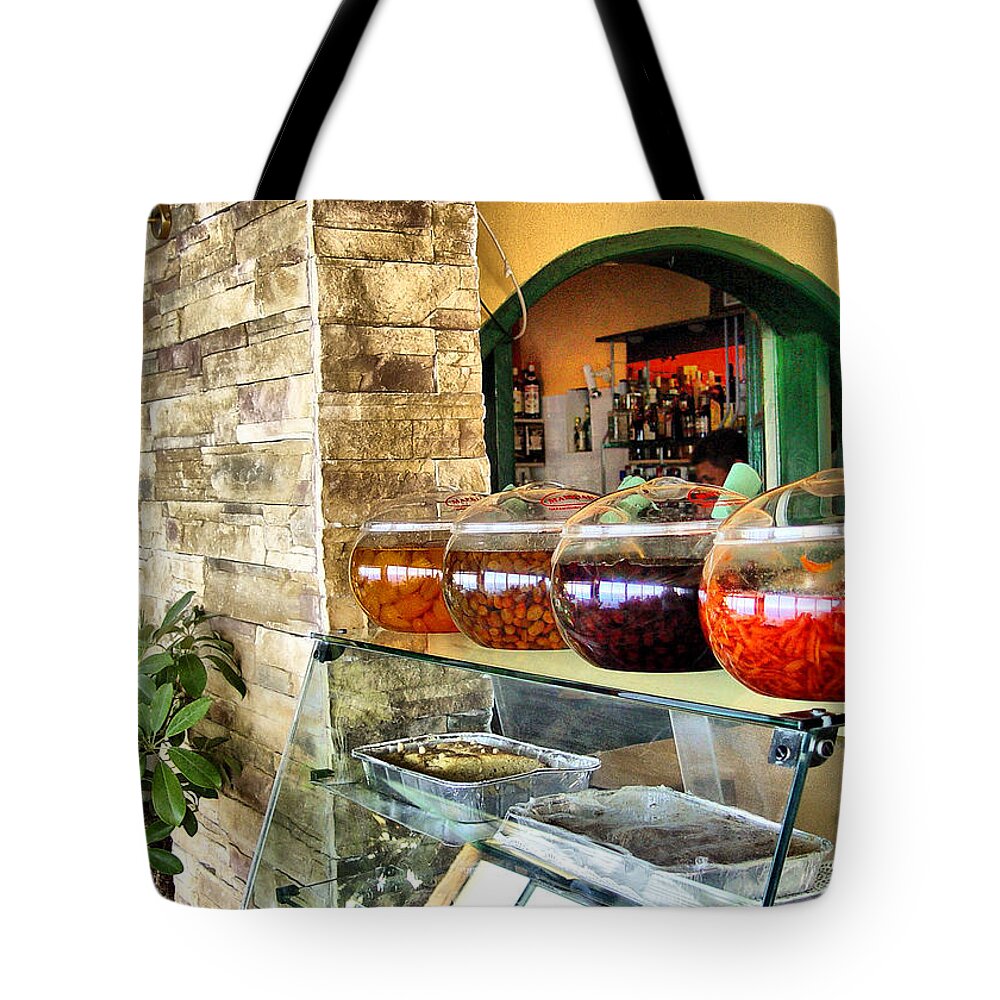 Olives Tote Bag featuring the photograph Greek Isle Restaurant Still Life by Mitchell R Grosky
