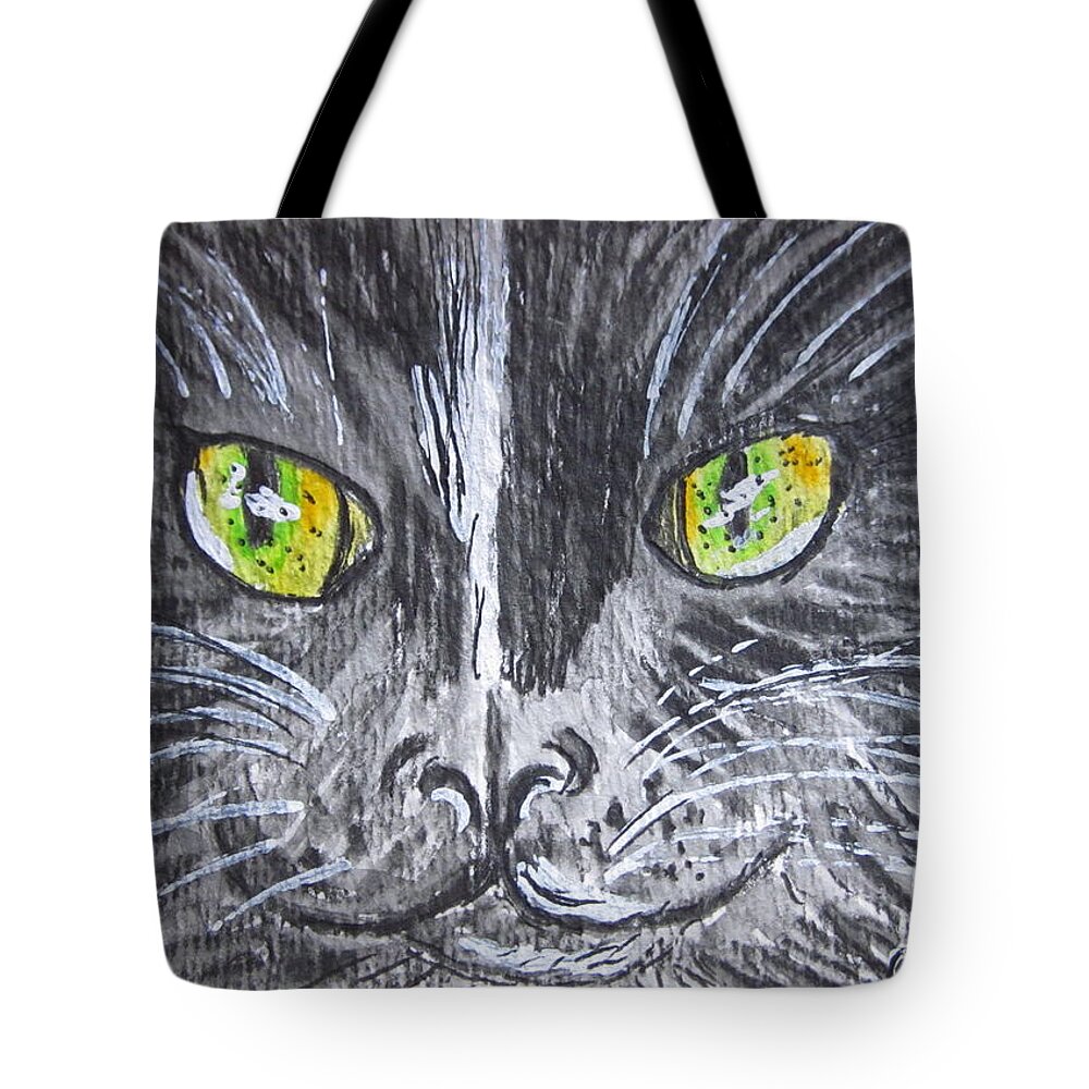 Green Eyes Tote Bag featuring the painting Green Eyes Black Cat by Kathy Marrs Chandler