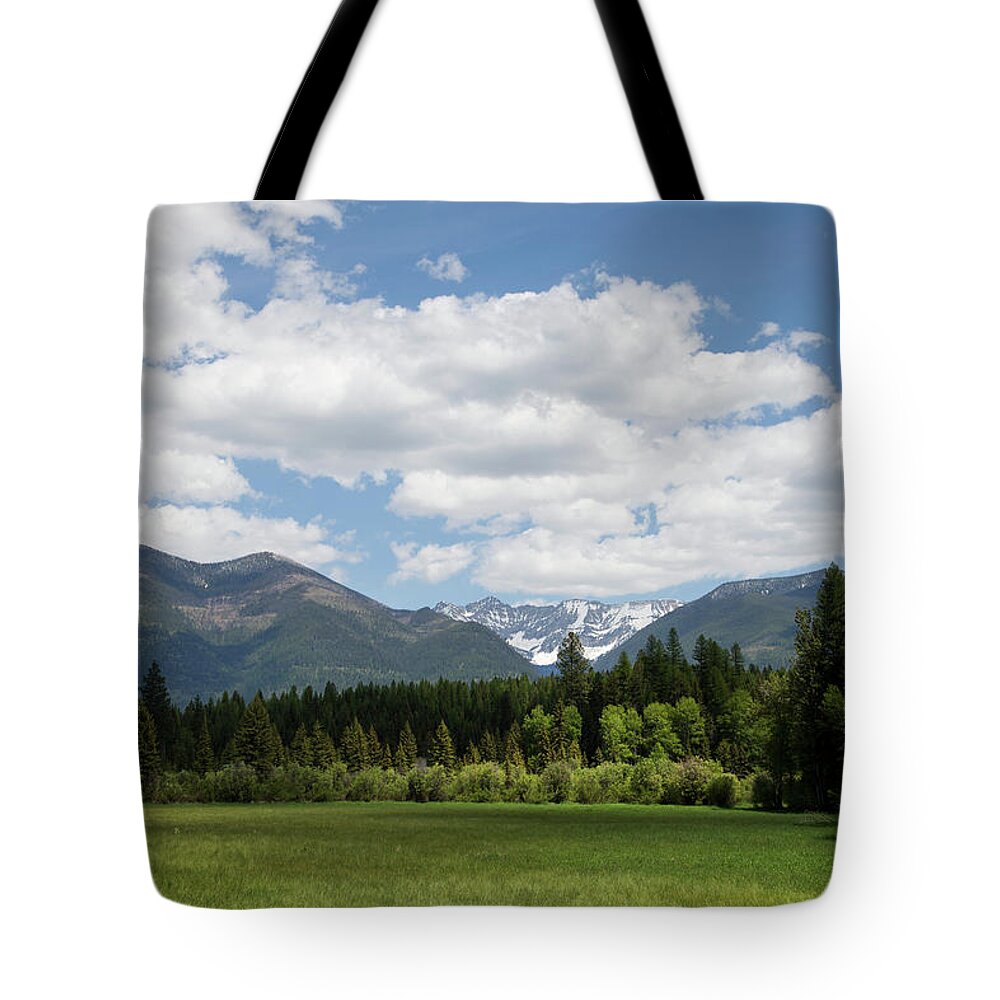 Tranquility Tote Bag featuring the photograph Green Field With Snow Capped Mountains by Andrew Geiger
