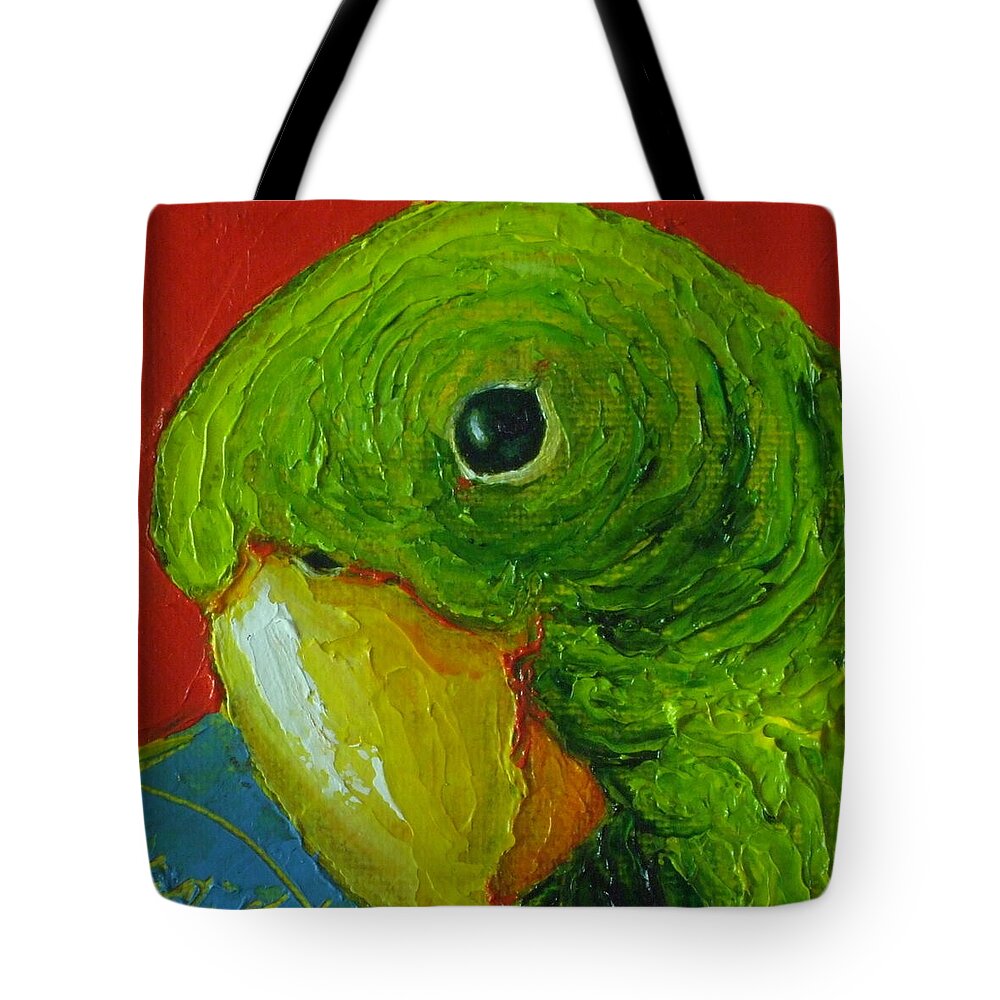 Green Tote Bag featuring the painting Little Green Parrot by Paris Wyatt Llanso