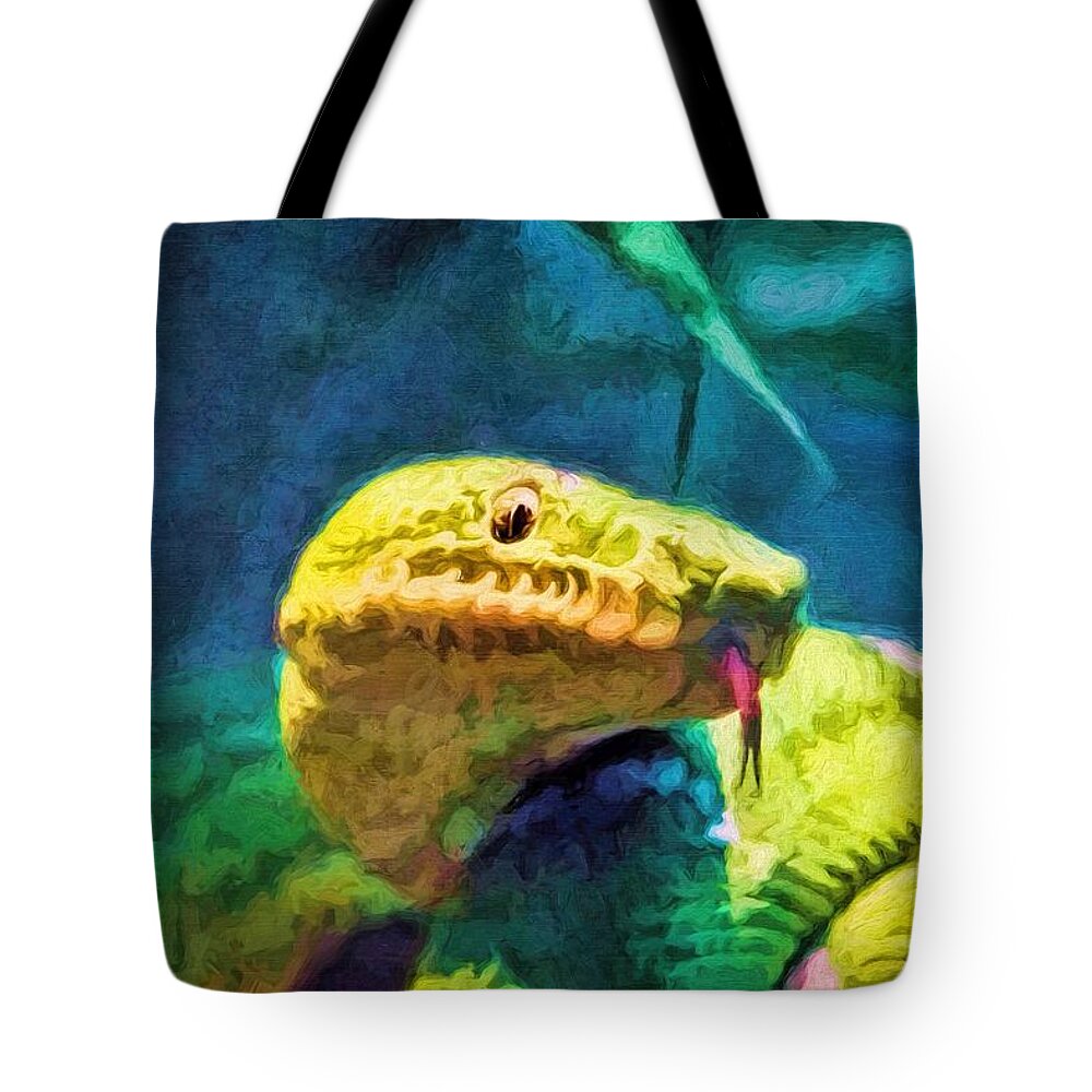 Snake Tote Bag featuring the painting Green Tree Snake With Tongue by Tracie Schiebel