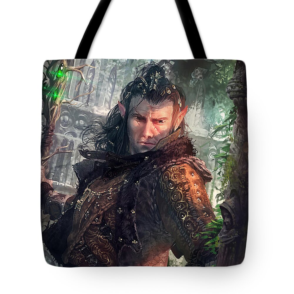 Magic The Gathering Tote Bag featuring the digital art Greenside Watcher by Ryan Barger