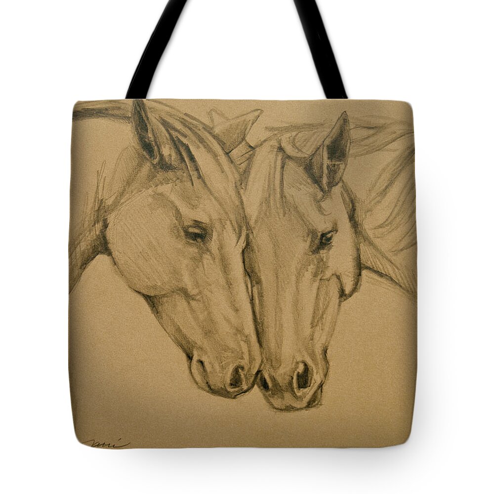 Horses Tote Bag featuring the drawing Greetings Friend by Jani Freimann