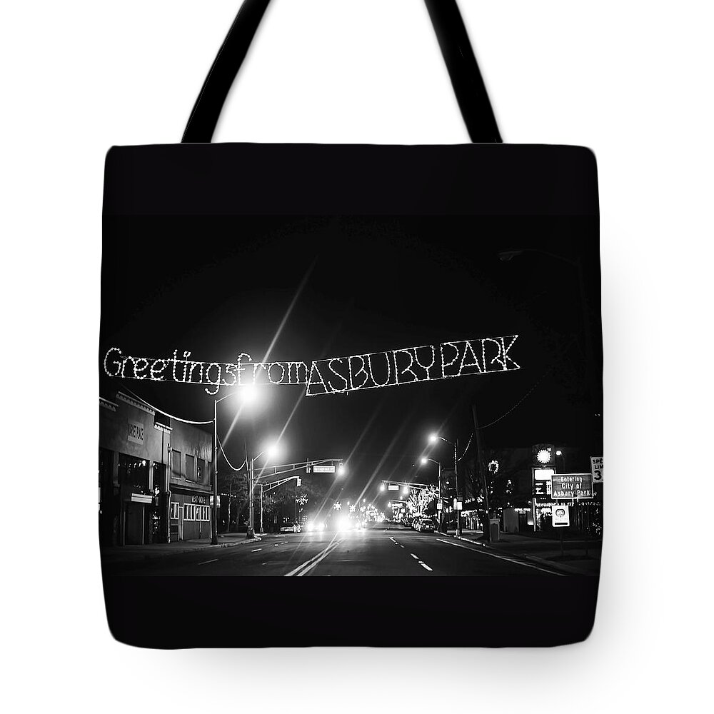 Greetings From Asbury Park New Jersey Black And White Tote Bag featuring the photograph Greetings from Asbury Park New Jersey Black and White by Terry DeLuco