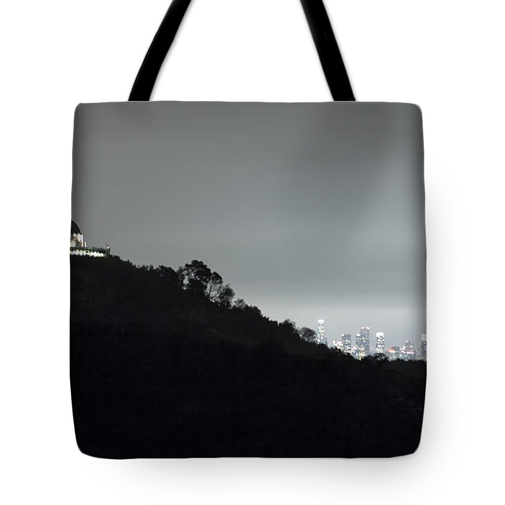 Griffith Park Observatory Tote Bag featuring the photograph Griffith Park Observatory and Los Angeles Skyline at Night by Belinda Greb