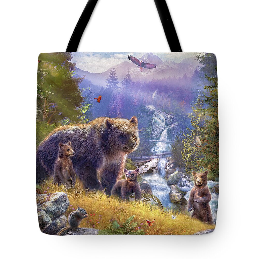 Nature Tote Bag featuring the drawing Grizzlies by MGL Meiklejohn Graphics Licensing