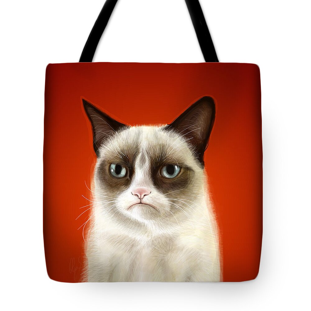 Grumpy Tote Bag featuring the digital art Grumpy Cat by Olga Shvartsur