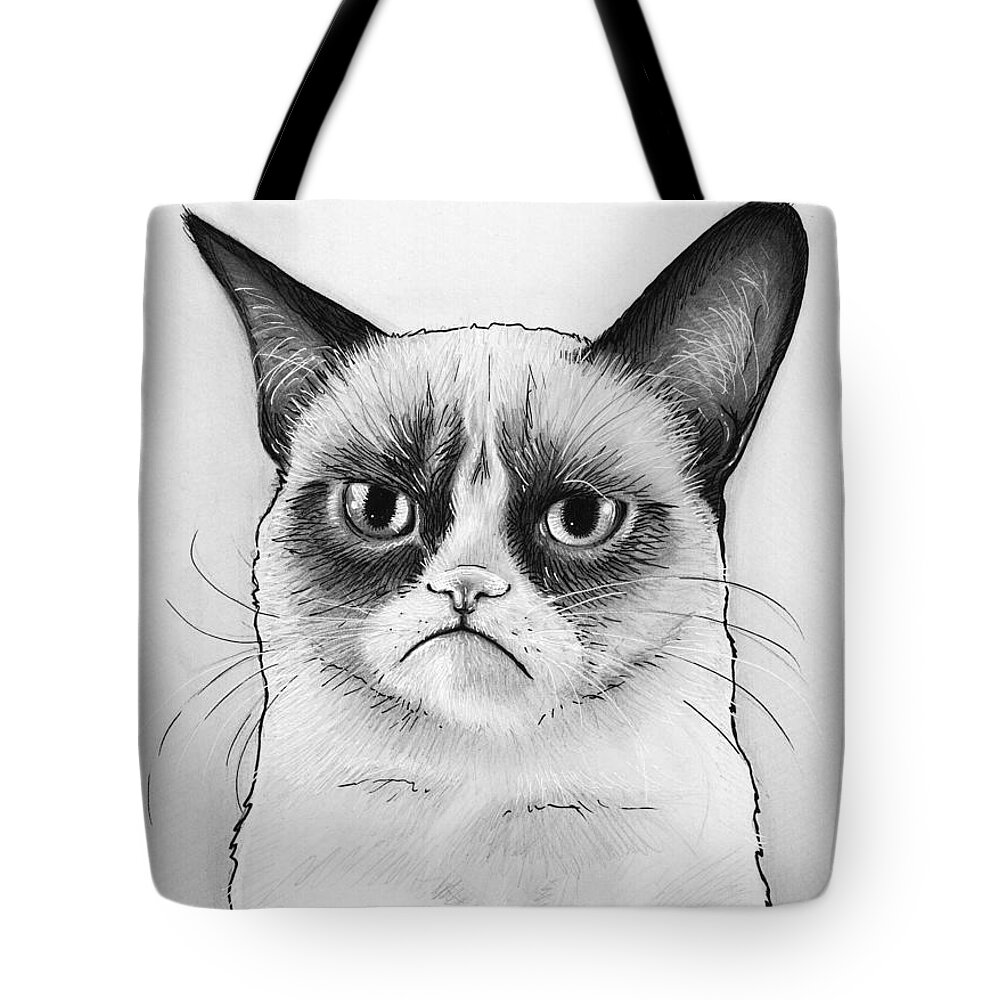 Grumpy Cat Tote Bag featuring the drawing Grumpy Cat Portrait by Olga Shvartsur