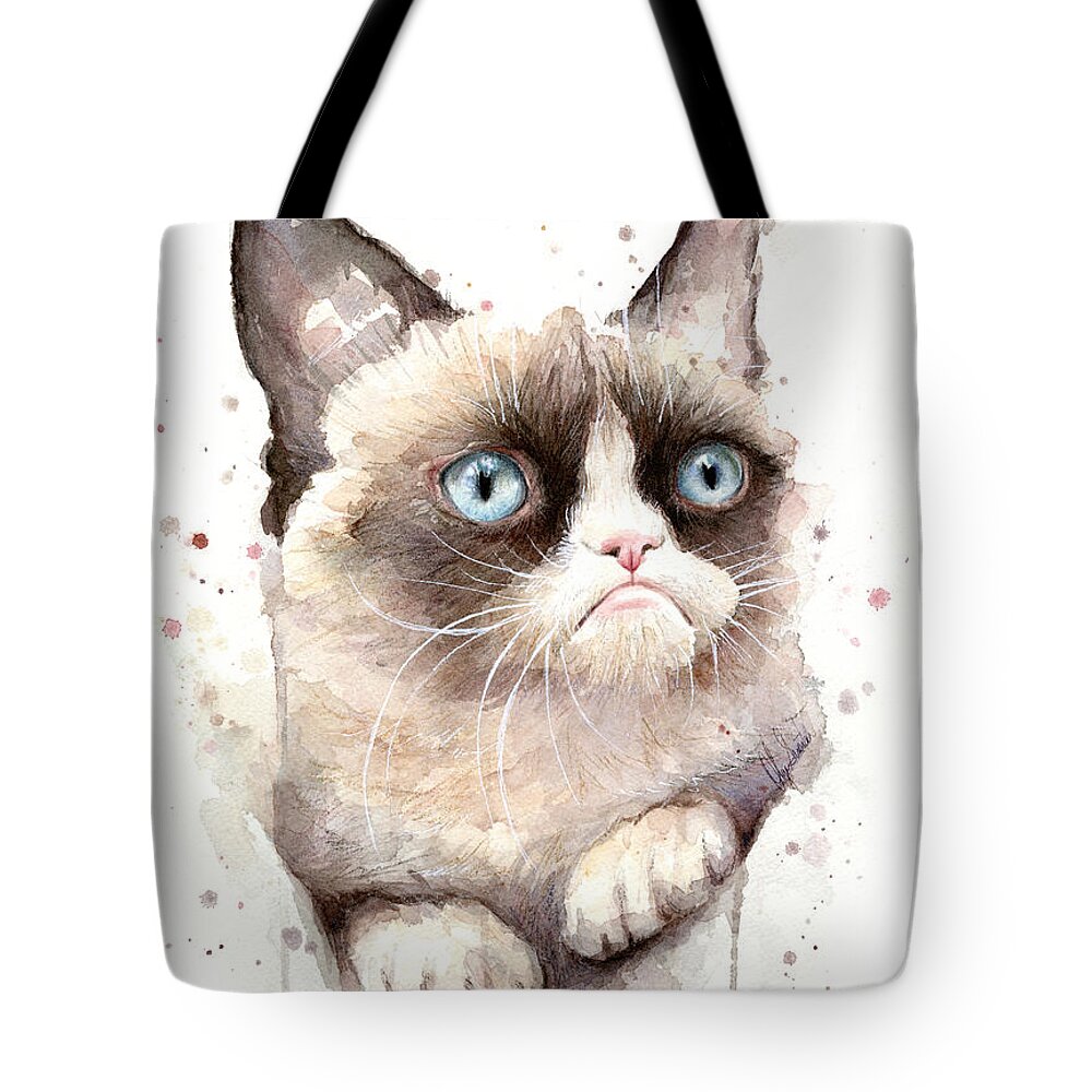 Grumpy Tote Bag featuring the painting Grumpy Cat Watercolor by Olga Shvartsur