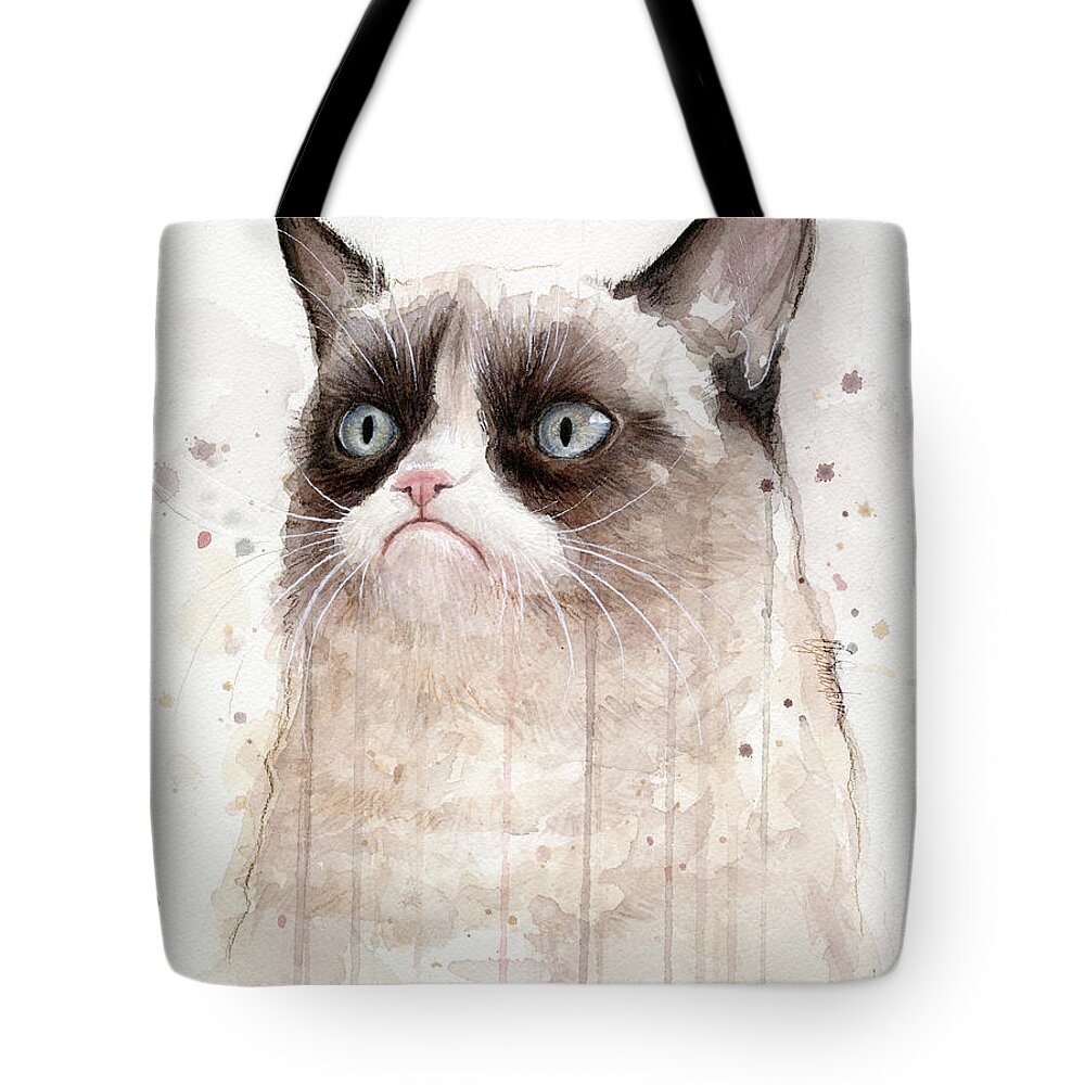 Grumpy Tote Bag featuring the painting Grumpy Watercolor Cat by Olga Shvartsur