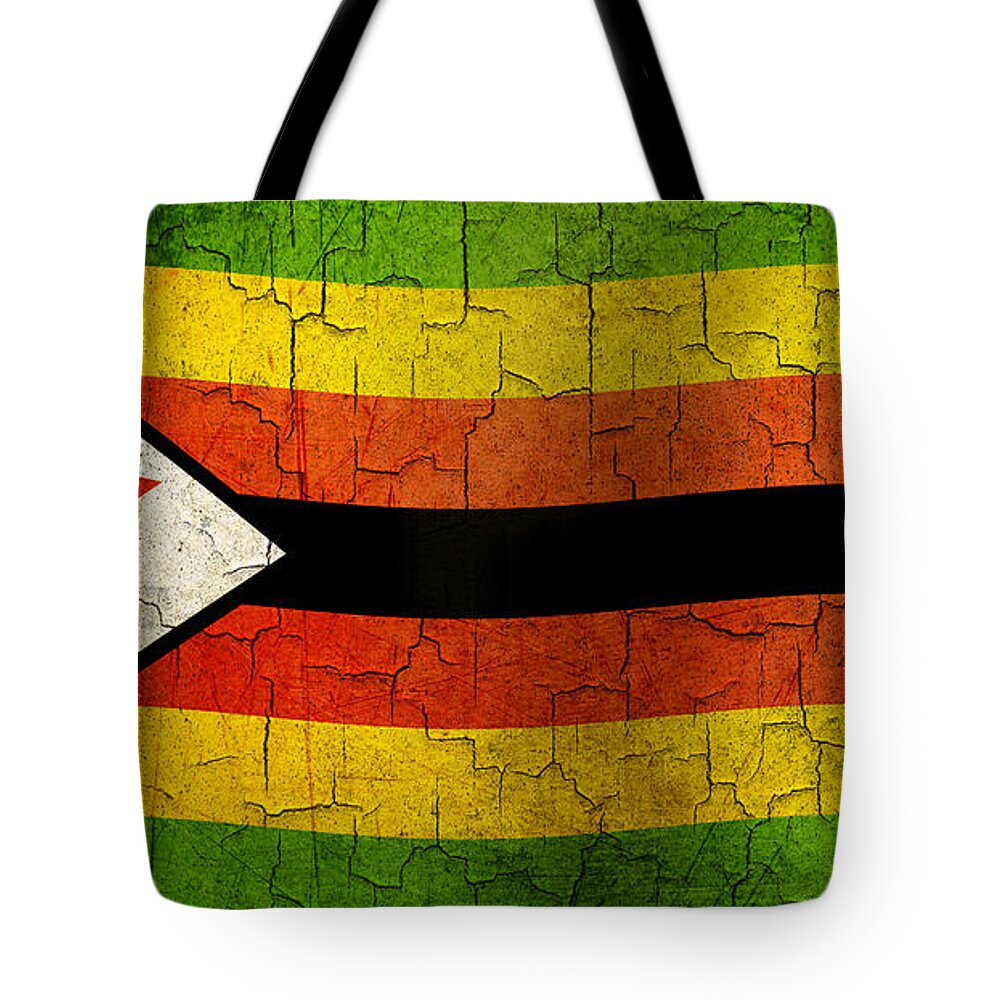 Aged Tote Bag featuring the digital art Grunge Zimbabwe flag by Steve Ball