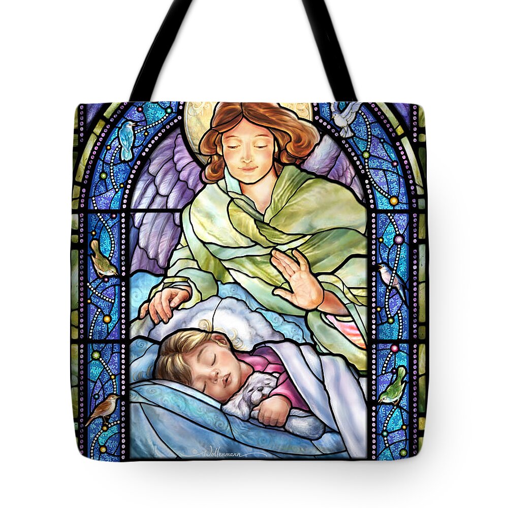 Stained Tote Bag featuring the digital art Guardian Angel With Sleeping Girl by Randy Wollenmann