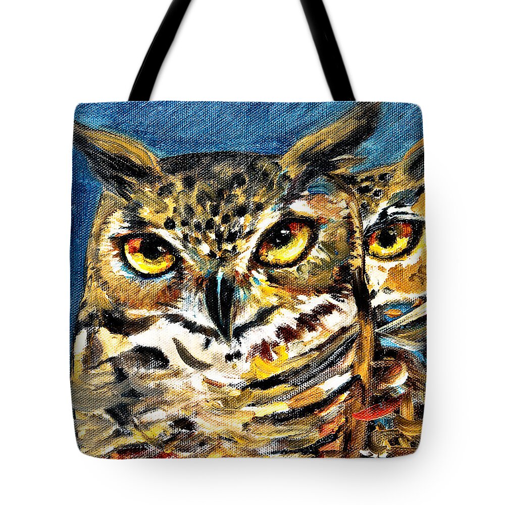 Owl Tote Bag featuring the painting Guardian Owls by Shijun Munns