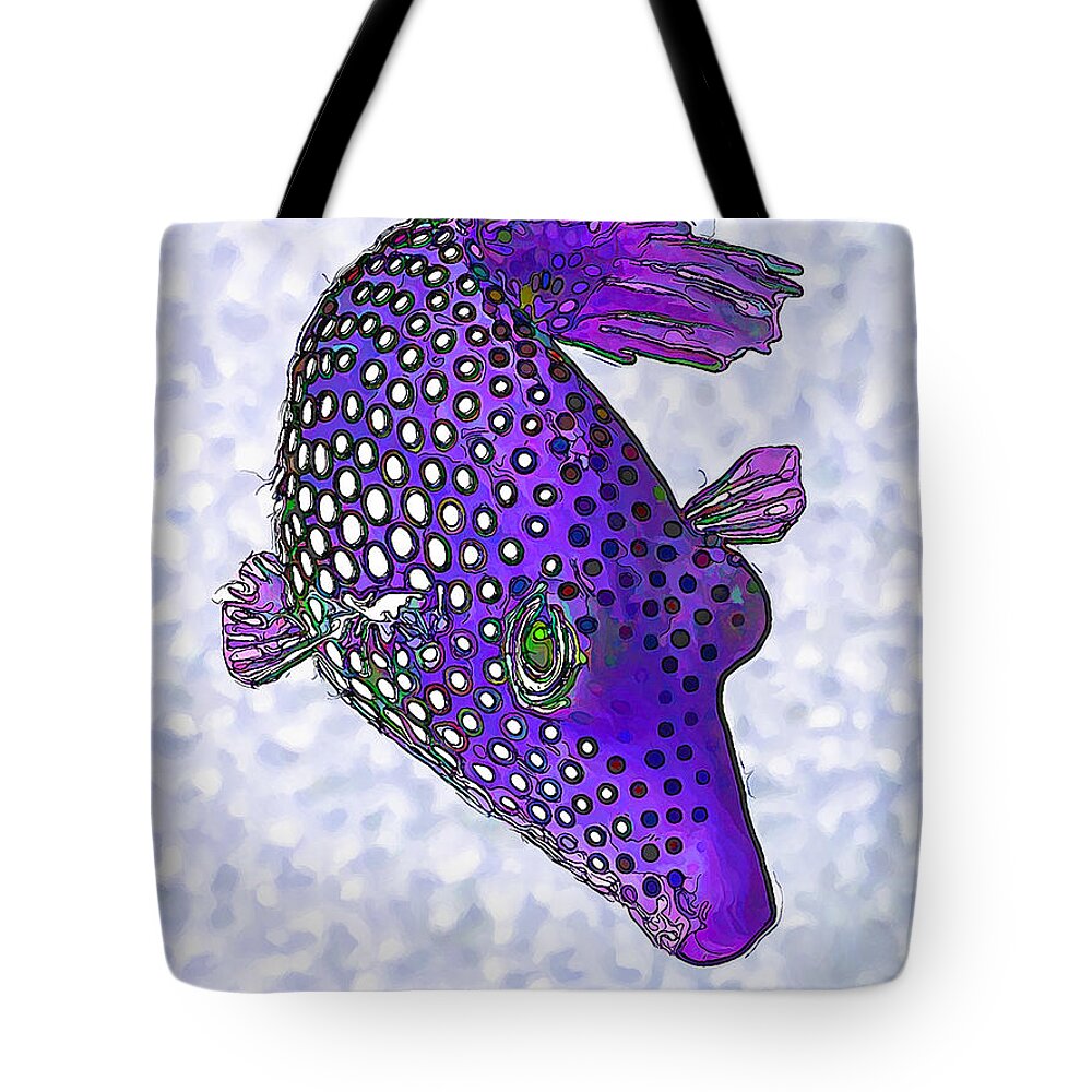 Nature Tote Bag featuring the digital art Guinea Fowl Puffer Fish in Purple by ABeautifulSky Photography by Bill Caldwell