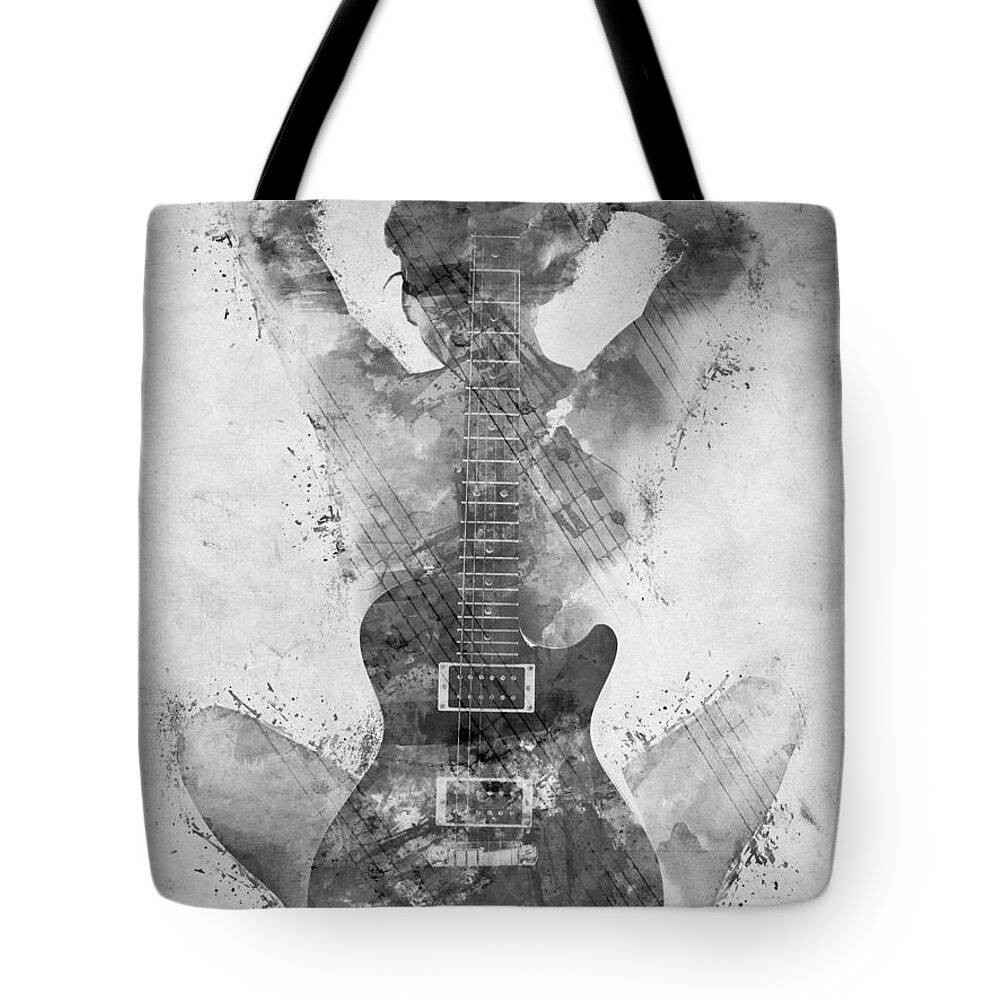 Guitar Tote Bag featuring the digital art Guitar Siren in Black and White by Nikki Smith