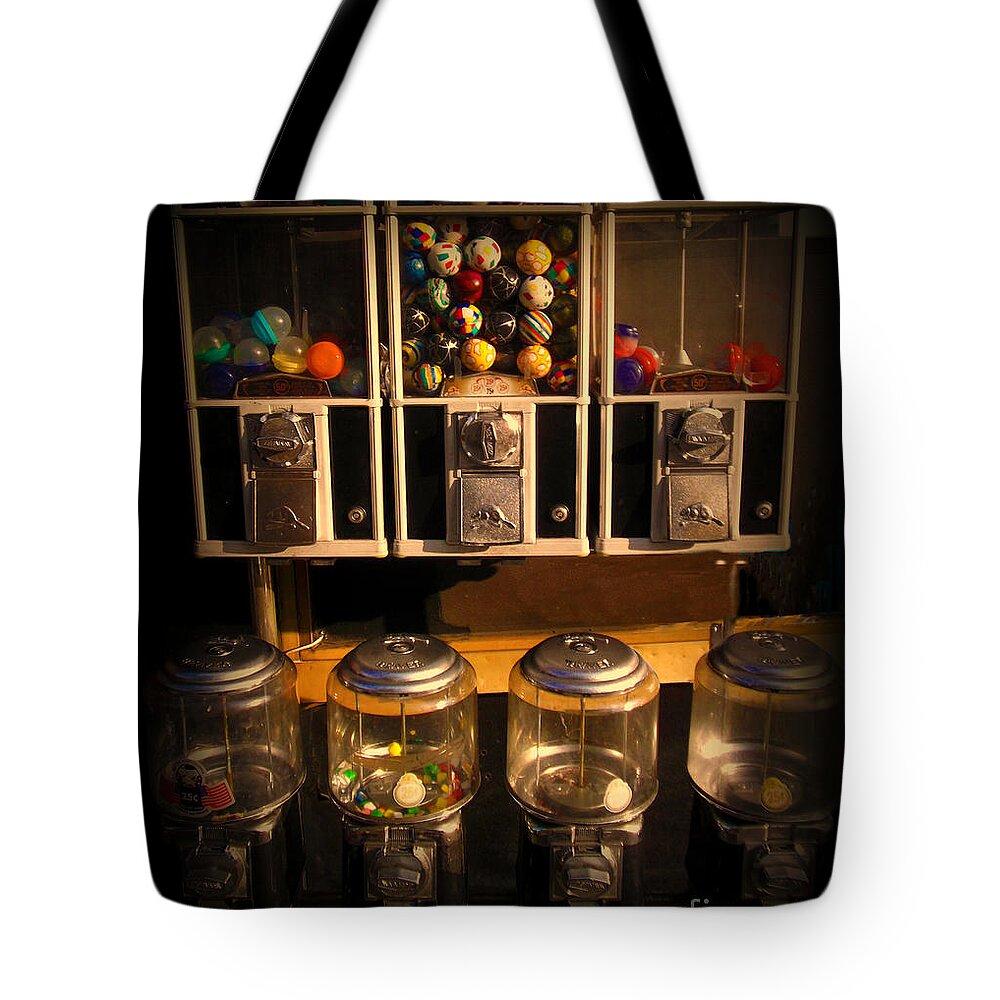 Retro Tote Bag featuring the photograph Gumball Memories - Row of Antique Vintage Vending Machines - Iconic New York City by Miriam Danar