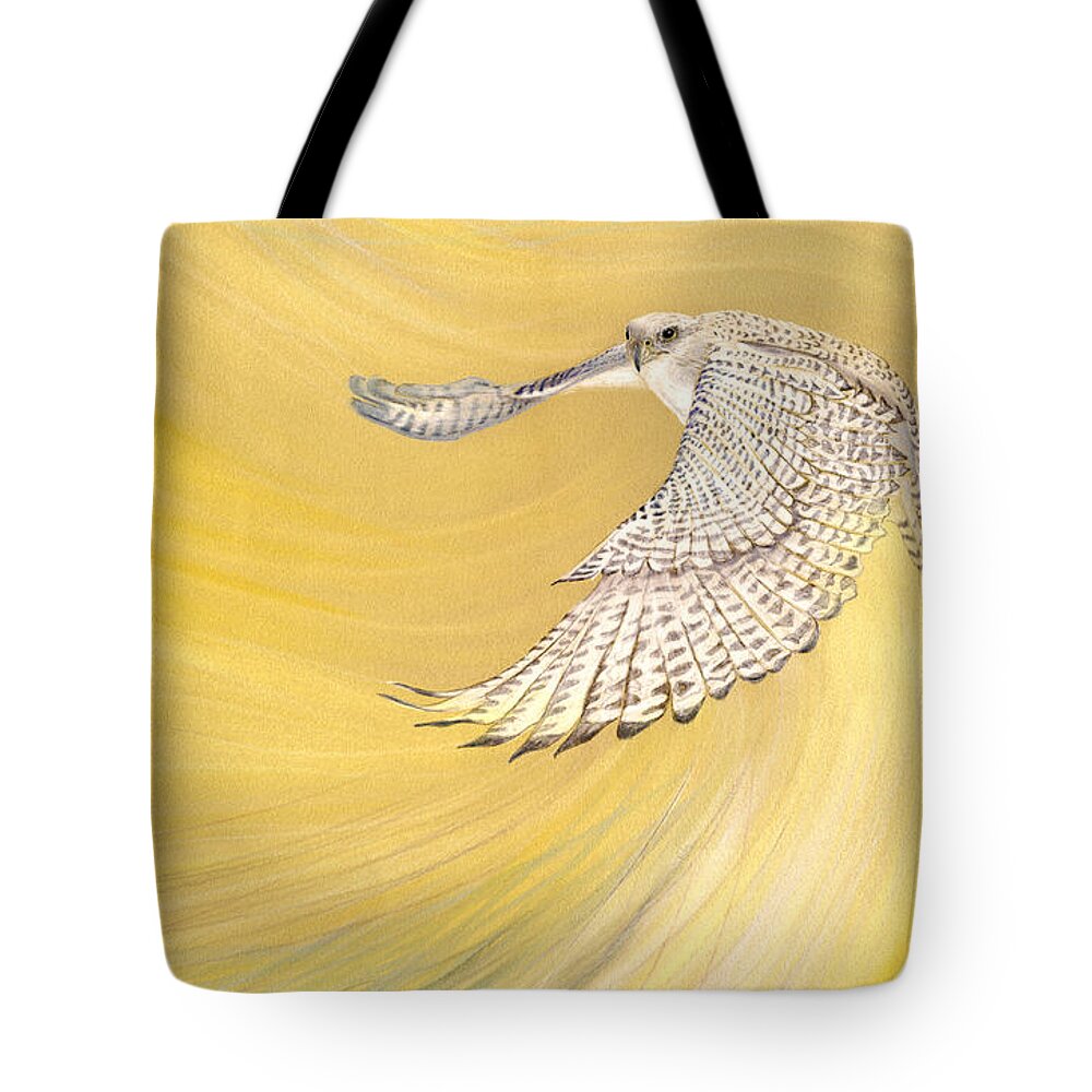 Bird Tote Bag featuring the drawing Gyrfalcon Gliding into the Light by Robin Aisha Landsong