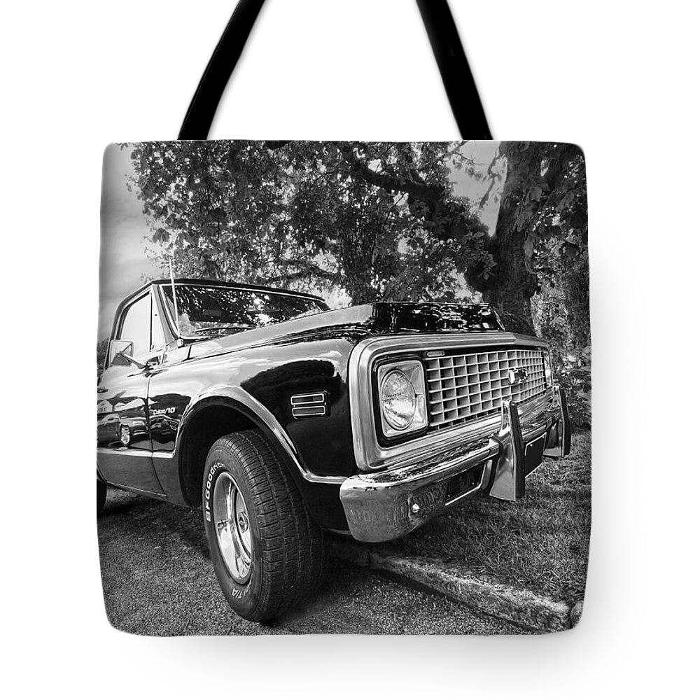 Chevrolet Truck Tote Bag featuring the photograph Halcyon Days - 1971 Chevy Pickup BW by Gill Billington