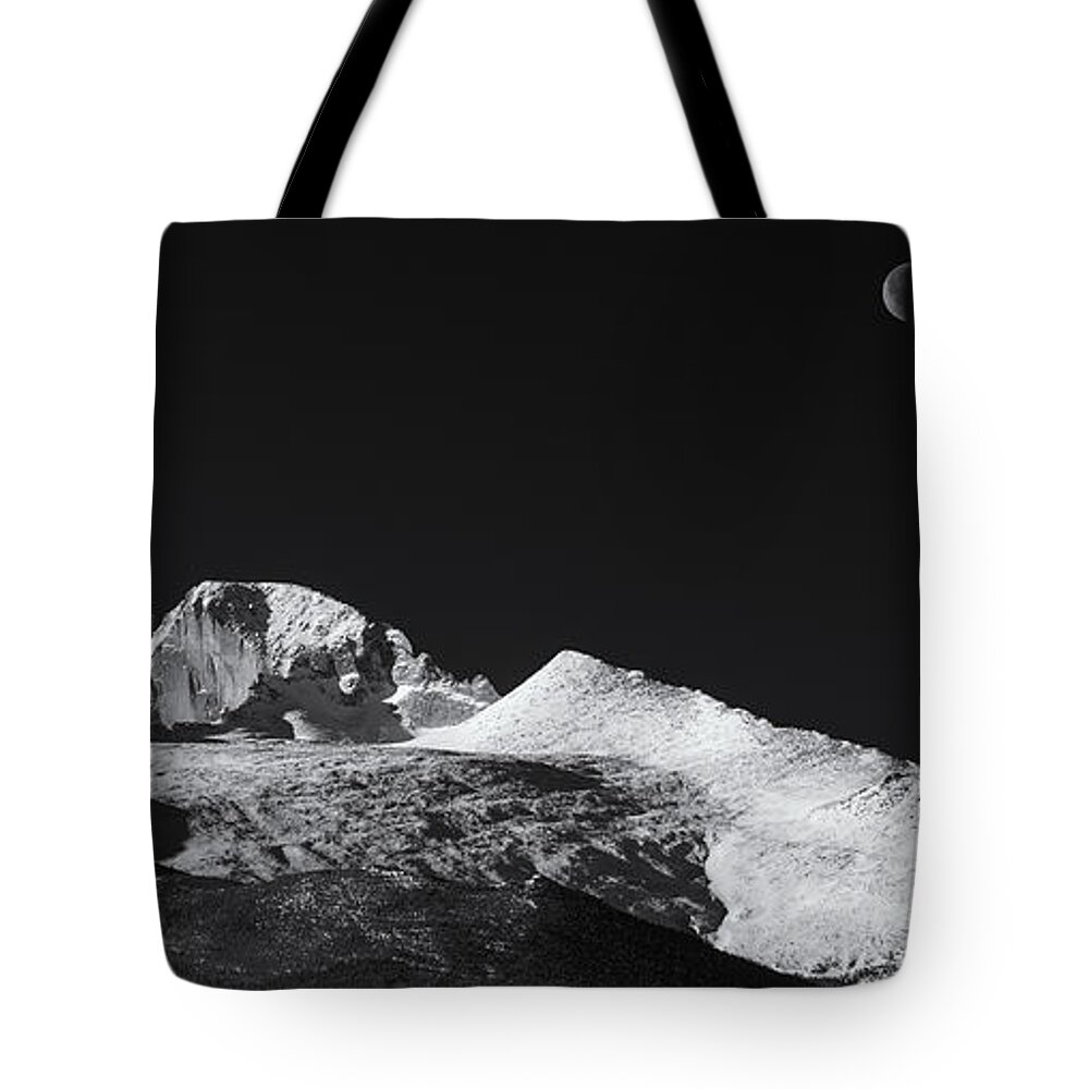 Monochrome Tote Bag featuring the photograph Half Moon over Longs Peak by Darren White