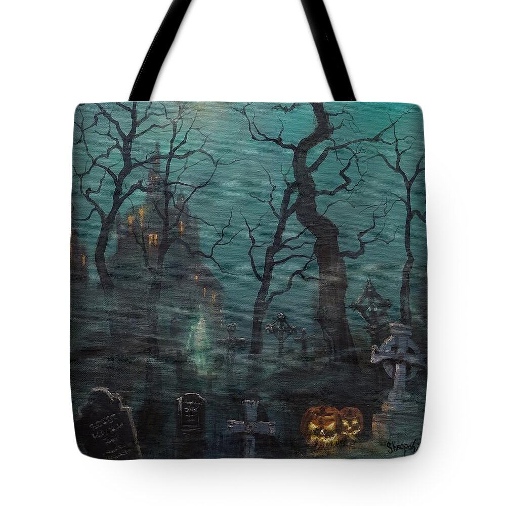  Cemetery Tote Bag featuring the painting Halloween Ghost by Tom Shropshire