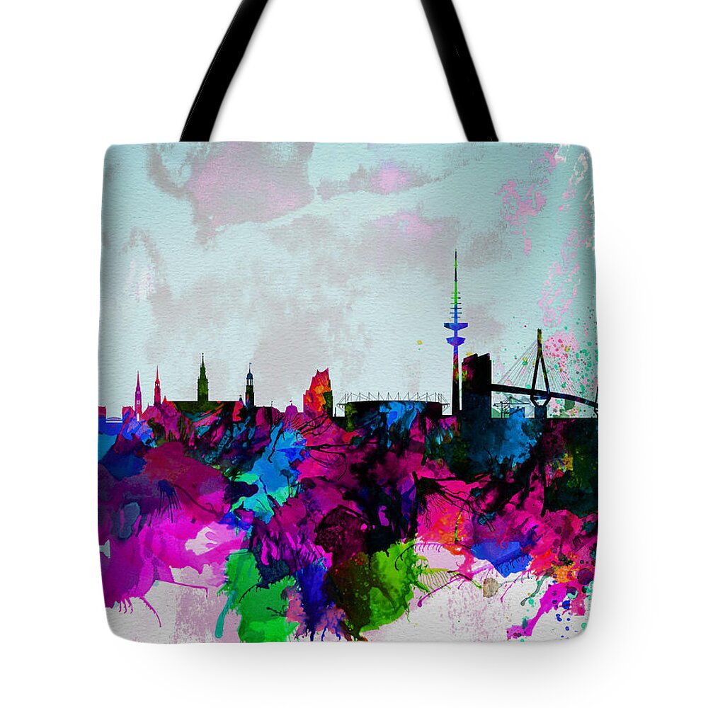 Hamburg Tote Bag featuring the painting Hamburg Watercolor Skyline by Naxart Studio