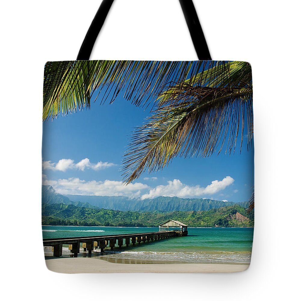 Bay Tote Bag featuring the photograph Hanalei Pier and beach by M Swiet Productions