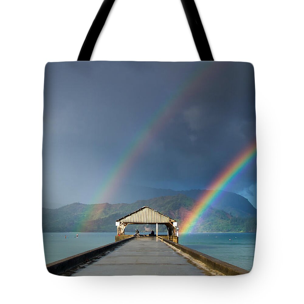 Rainbows Tote Bag featuring the photograph Hanalei Pier and Double Rainbow by Roger Mullenhour