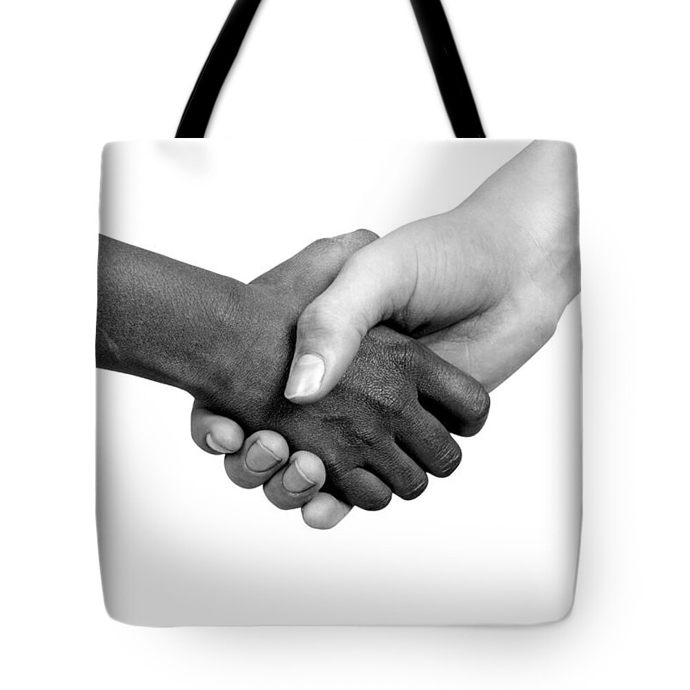 Black Tote Bag featuring the photograph Handshake Black and White by Chevy Fleet