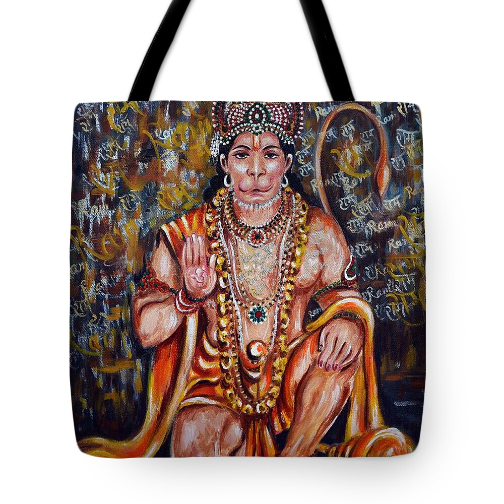 Hanuman Tote Bag featuring the painting Hanuman by Harsh Malik