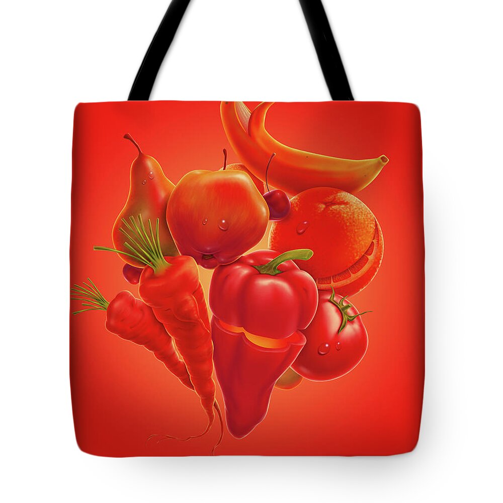 Orange Color Tote Bag featuring the digital art Happy Fruits Vegetables by Axllll