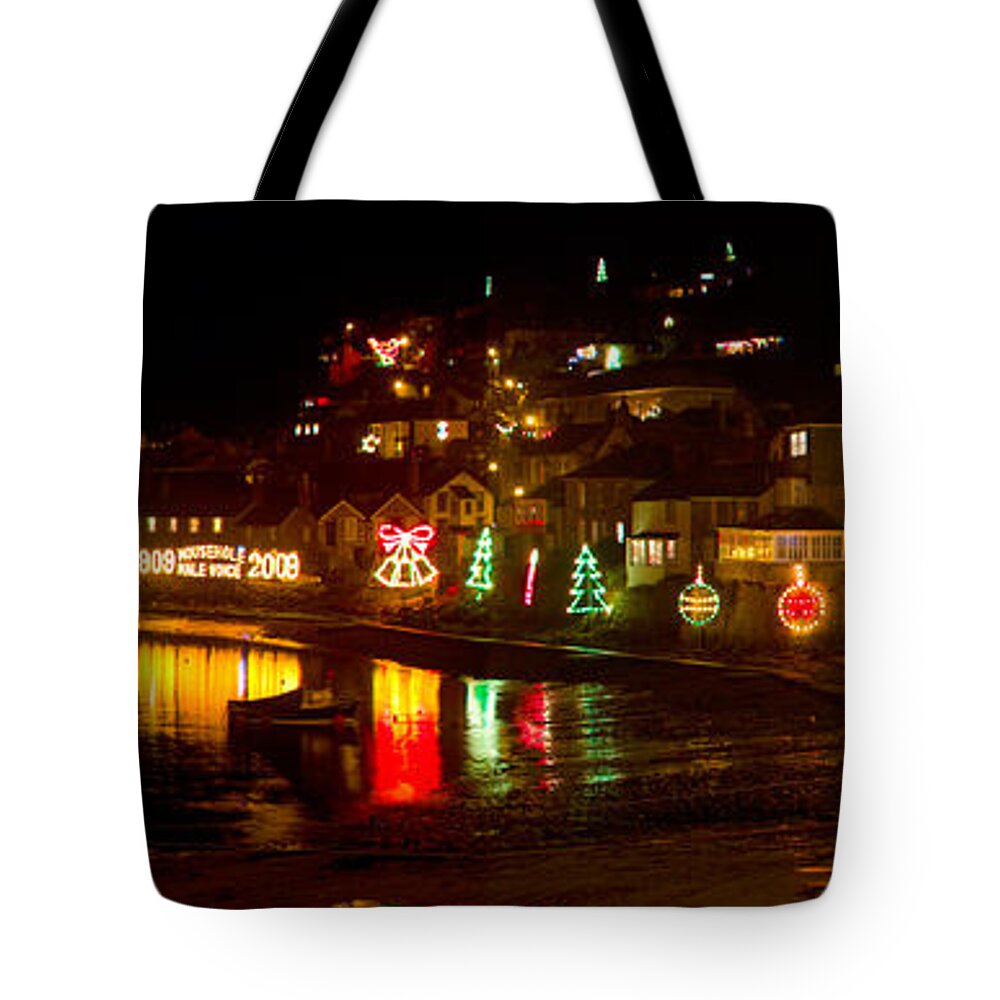 Mousehole Tote Bag featuring the photograph Happy New Year Mousehole Christmas lights, Cornwall. by Tony Mills