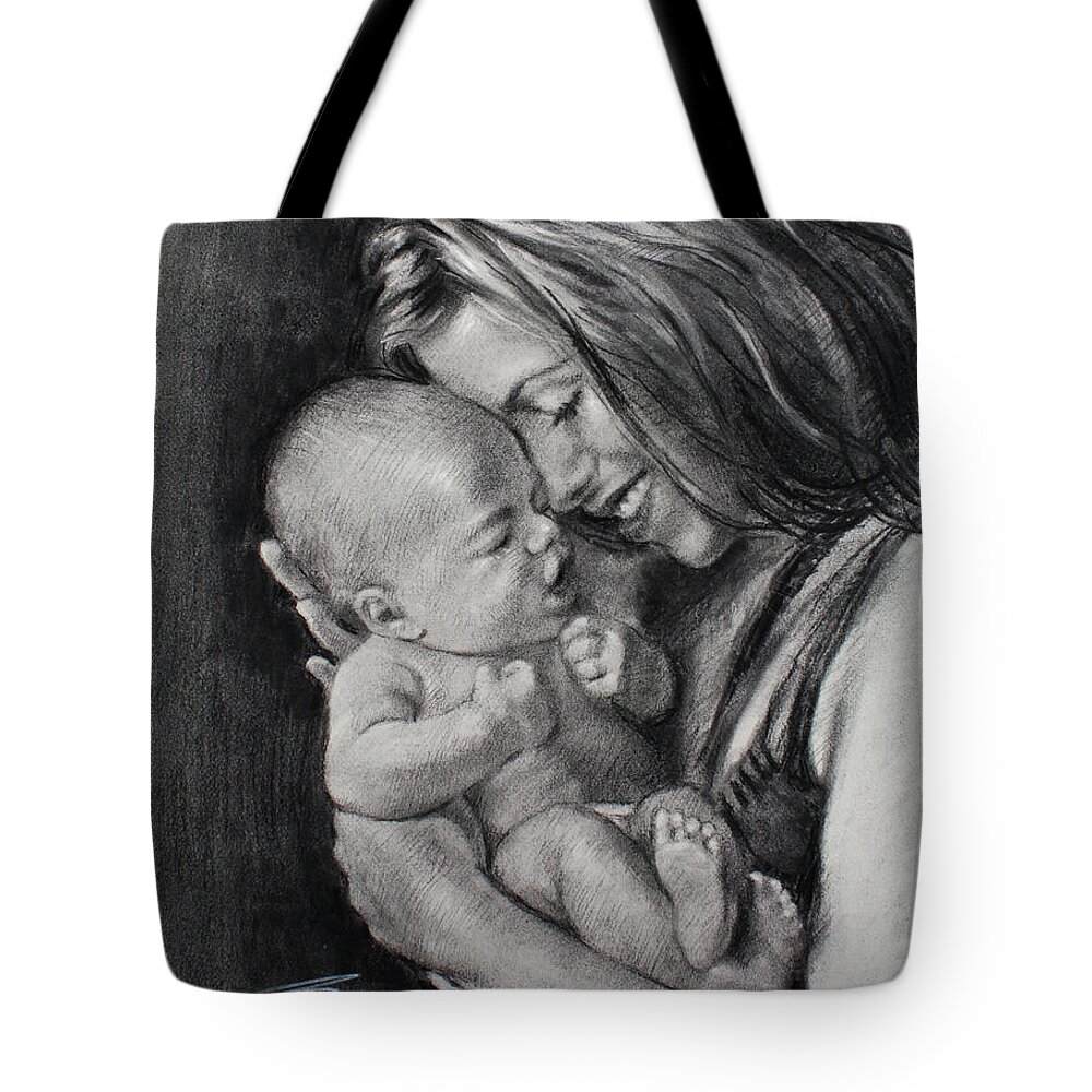 Happy Young Mother Tote Bag featuring the drawing Happy Young Mother by Ylli Haruni