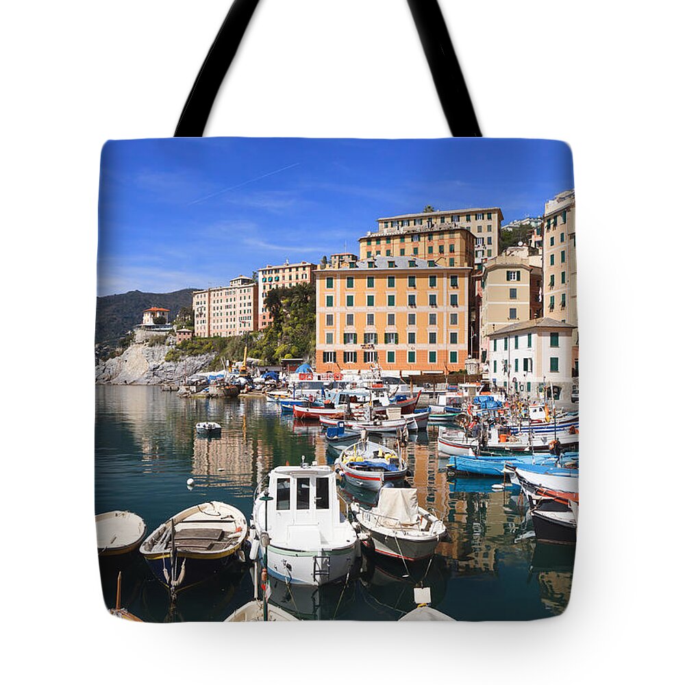Blue Tote Bag featuring the photograph harbor in Camogli - Italy by Antonio Scarpi
