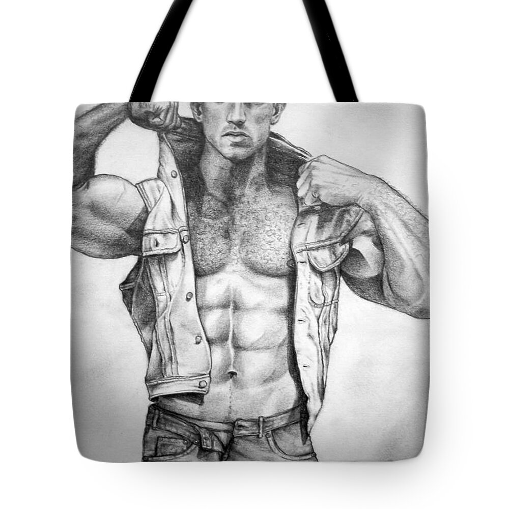 Male Physique Tote Bag featuring the drawing Hard Hat Adam by Mike Gonzalez