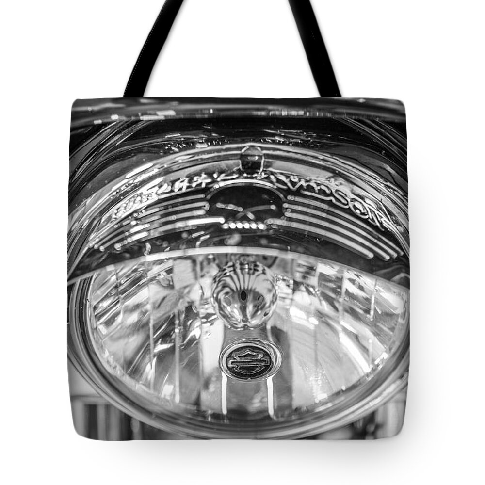 Harley Tote Bag featuring the photograph Harley Davidson Headlight Black and White by John McGraw