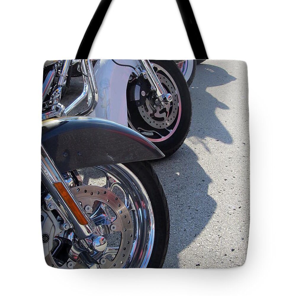 Motorcycles Tote Bag featuring the photograph Harley Line Up 1 by Anita Burgermeister
