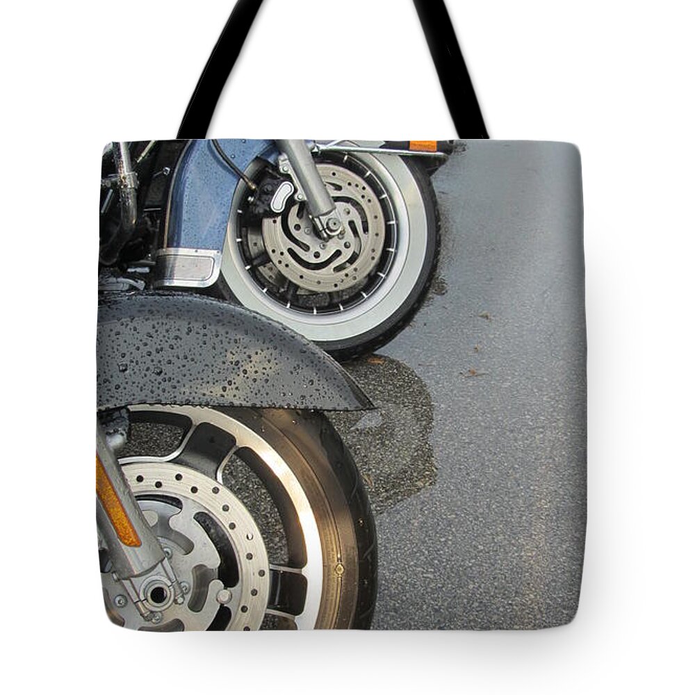 Motorcycles Tote Bag featuring the photograph Harley Line Up Rain by Anita Burgermeister