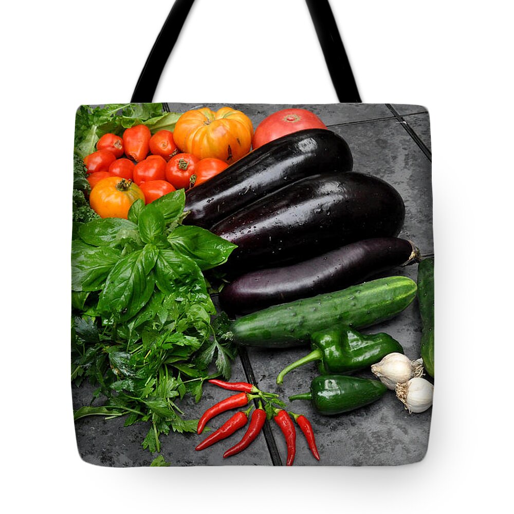 Food Tote Bag featuring the photograph Harvest from my Brooklyn garden by Diane Lent