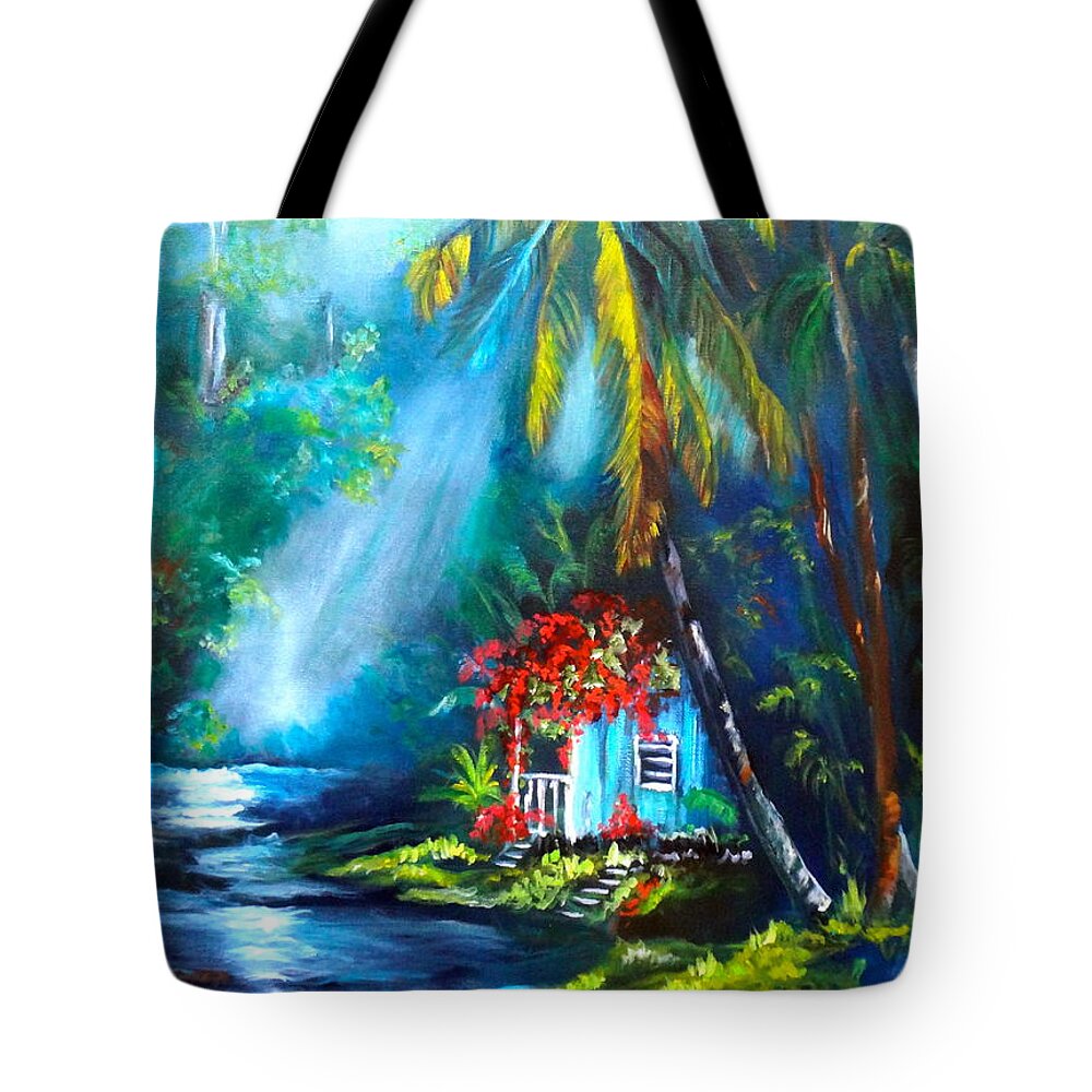 Hawaii Tote Bag featuring the painting Hawaiian Hut in the Mist by Jenny Lee
